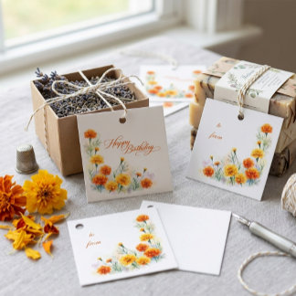 Waterverf Oranje Afrikaner Bloemen Verjaardag Bedankjes Labels