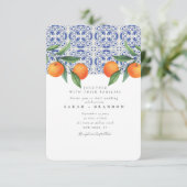 Waterverf Oranje Blauwe tegel Mediterraanse Huweli Kaart (Staand voorkant)