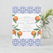 Waterverf Oranje Blauwe tegel Mediterraanse Huweli Kaart (Staand voorkant)