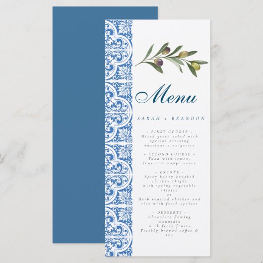 Waterverf Oranje Blauwe tegel Mediterraanse Olijf Menu (Voorkant / Achterkant)