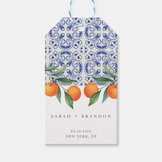 Waterverf Oranje Blauwe tegel Mediterrane Bruiloft Cadeaulabel (Voorkant)