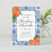 Waterverf Oranje Blauwe tegel Mediterrane Bruiloft Kaart (Staand voorkant)