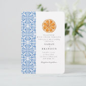 Waterverf Oranje Blauwe tegel Mediterrane Bruiloft Kaart (Staand voorkant)
