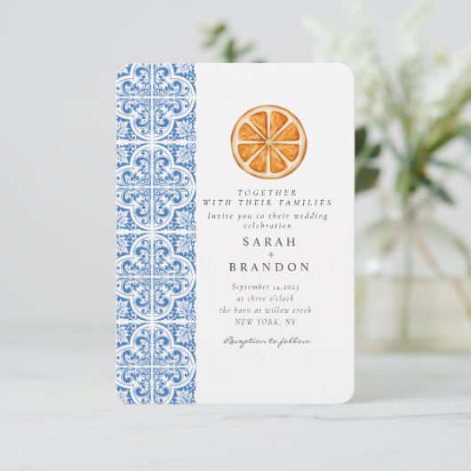 Waterverf Oranje Blauwe tegel Mediterrane Bruiloft Kaart (Staand voorkant)