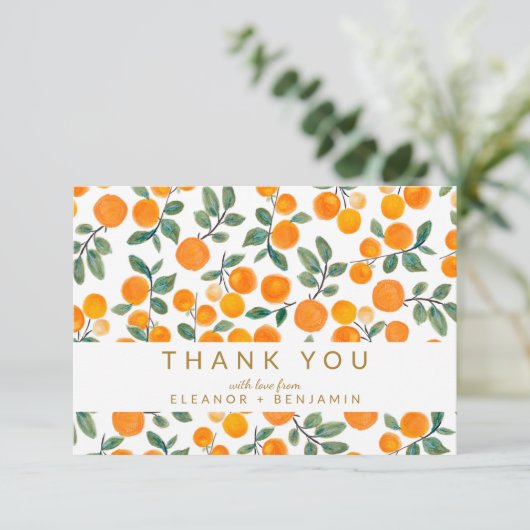Waterverf Oranje Citrus Custom Wedding Bedankkaart (Staand voorkant)