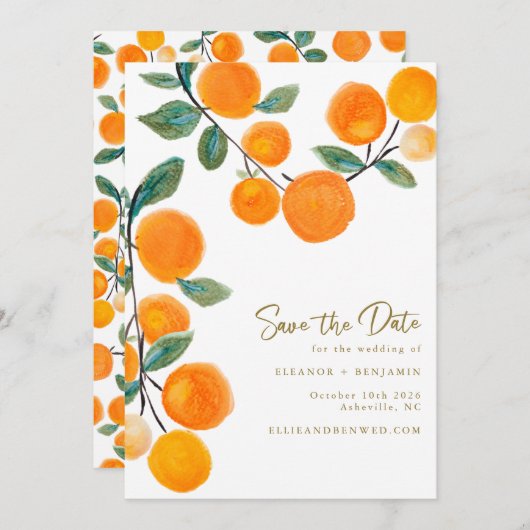 Waterverf Oranje Citrus Fruit Script Weddenschap Save The Date (Voorkant / Achterkant)