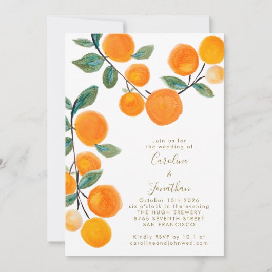 Waterverf Oranje Citrus Fruit Script Wedding IV Kaart (Voorkant)