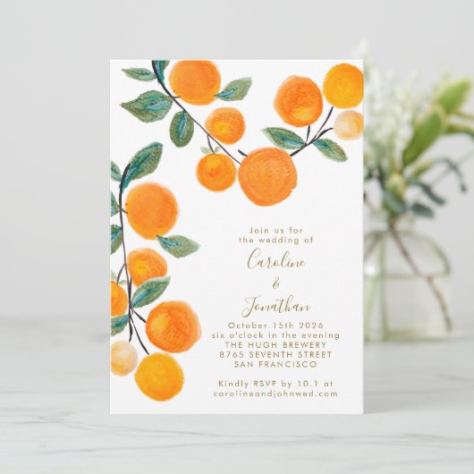 Waterverf Oranje Citrus Fruit Script Wedding IV Kaart (Staand voorkant)