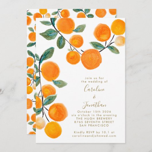 Waterverf Oranje Citrus Fruit Script Wedding IV Kaart (Voorkant / Achterkant)