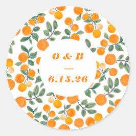 Waterverf Oranje Citrus Monogrammed Wedding Ronde Sticker