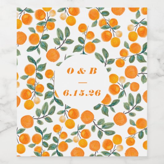 Waterverf Oranje Citrus Monogrammed Wedding Wijn Etiket (Enkel label)