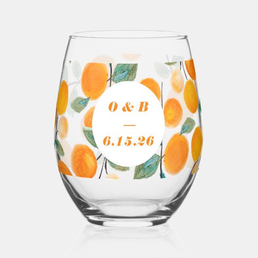 Waterverf Oranje Citrus Monogrammed Wedding Wijnglas Zonder Voet (Voorkant)
