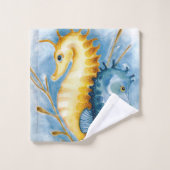 Waterverf Oranje en blauw zeepaard Bad Handdoek (Wasdoekje)