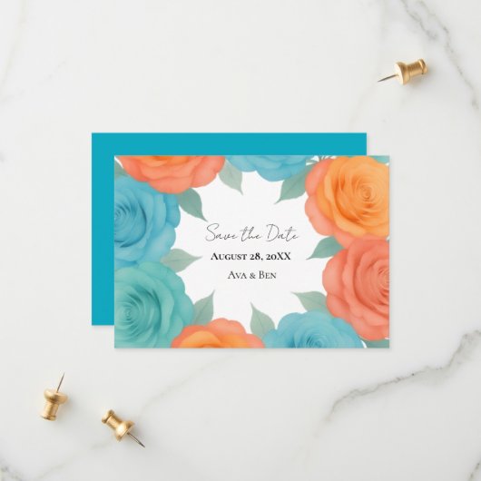 Waterverf Oranje en Turquoise Rozen Bruiloft Save The Date (Voorkant / Achterkant in situ)