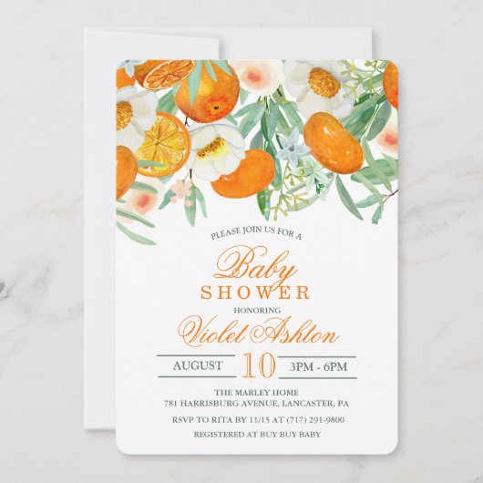 Waterverf Oranje Floral Baby shower Kaart (Voorkant)
