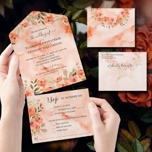 Waterverf Oranje Floral Wedding All In One Uitnodiging