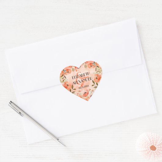 Waterverf Oranje Floral Wedding Hart Sticker (Envelop)