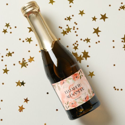 Waterverf Oranje Floral Wedding Mini Sparkling Wijnetiket