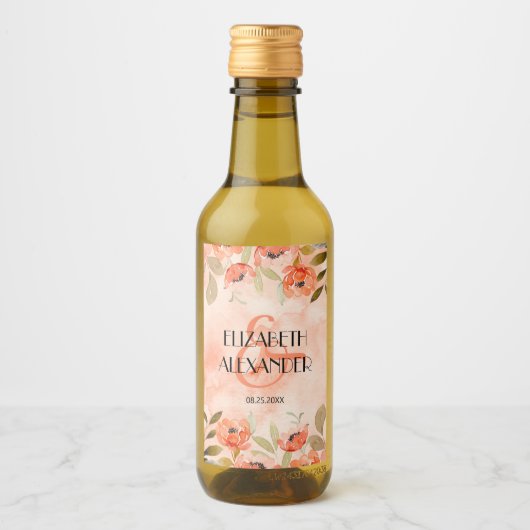 Waterverf Oranje Floral Wedding Mini Wijn Etiket (Voorkant)