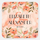 Waterverf Oranje Floral Wedding Vierkante Sticker (Voorkant)