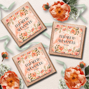 Waterverf Oranje Floral Wedding Vierkante Sticker