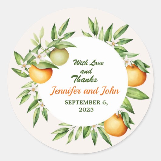 Waterverf Oranje fruitbotanische bruiloft Ronde Sticker (Voorkant)