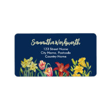 Waterverf Oranje Gele Lente Bloemen Marineblauw 