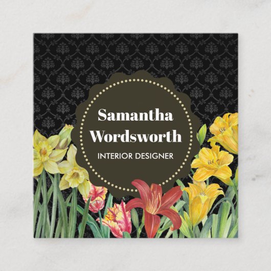 Waterverf Oranje gele lentevloeren Damask Vierkante Visitekaartje (Voorkant)