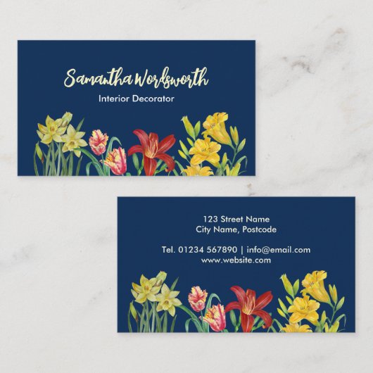 Waterverf Oranje gele lentevloeren marineblauw Visitekaartje (Voorkant / Achterkant)