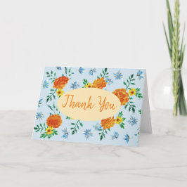 Waterverf Oranje gemarmerde bloemen Licht Blauw Bedankkaart