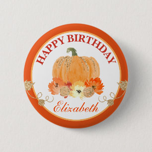 Waterverf Oranje & Goud Pompoen Gelukkig Verjaarda Ronde Button 5,7 Cm