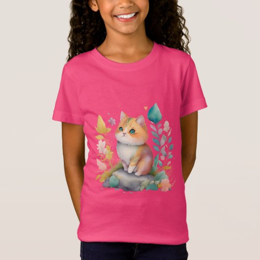 Waterverf Oranje Kat met bloemen T-shirt (Voorkant)