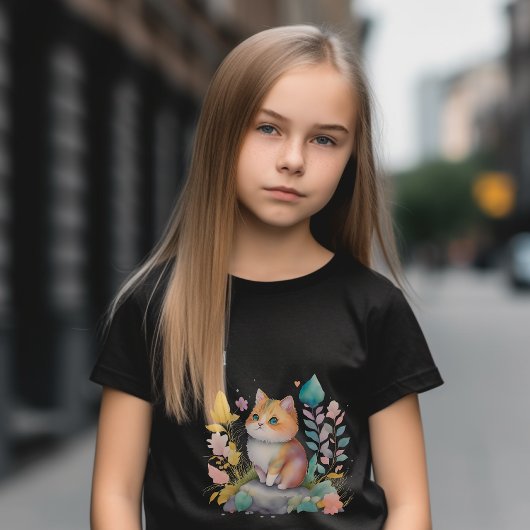 Waterverf Oranje Kat met bloemen T-shirt