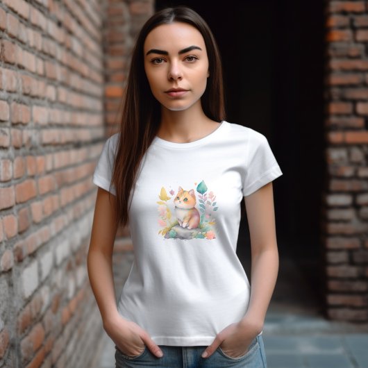 Waterverf Oranje Kat met bloemen T-shirt