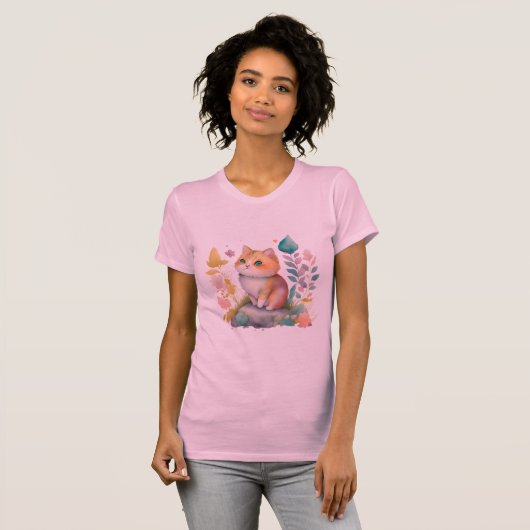 Waterverf Oranje Kat met bloemen T-shirt (Voorkant volledig)