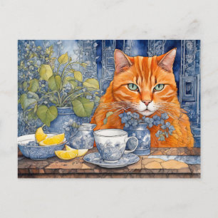 Waterverf Oranje kat met citroenthee Briefkaart