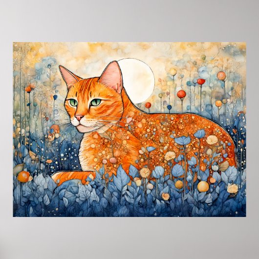 Waterverf Oranje Kat Ontspannen in Bloemen Poster (Voorkant)
