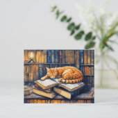Waterverf Oranje kat slaapt op boeken Briefkaart (Staand voorkant)