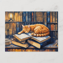Waterverf Oranje kat slaapt op boeken Briefkaart