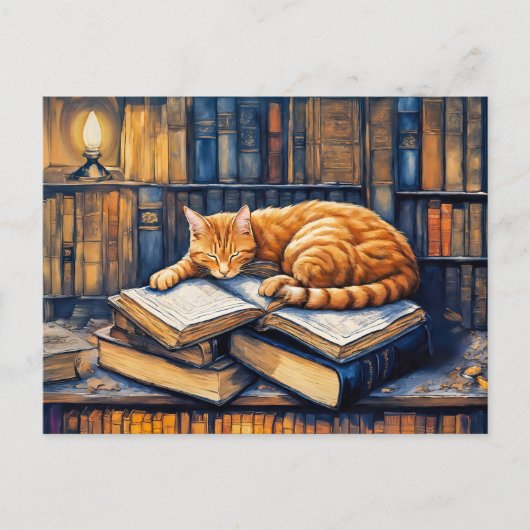 Waterverf Oranje kat slaapt op boeken Briefkaart (Voorkant)