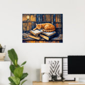 Waterverf Oranje kat slaapt op boeken Poster (Thuiskantoor)