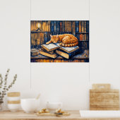 Waterverf Oranje kat slaapt op boeken Poster (Keuken)