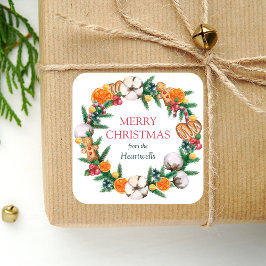 Waterverf Oranje Kerstkrans Gelukkig Kerstmis Vierkante Sticker