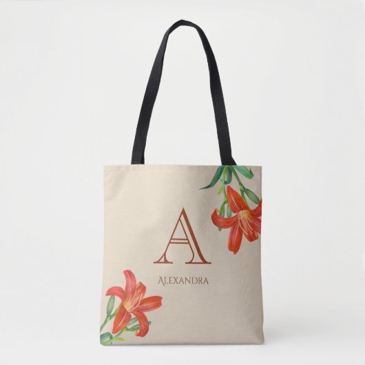 Waterverf Oranje Lily Floral Art Monogram Tote Bag (Voorkant)