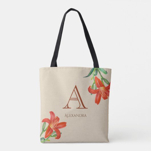 Waterverf Oranje Lily Floral Art Monogram Tote Bag (Achterkant)