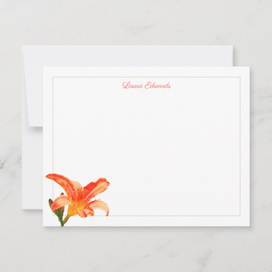 Waterverf Oranje Lily Green Border Personalized Notitiekaartje (Voorkant)