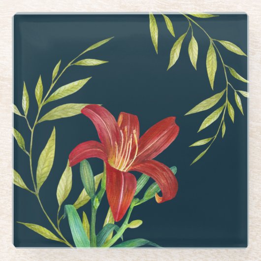 Waterverf Oranje Lily Illustration Dark Blue Glazen Onderzetter (Voorkant)