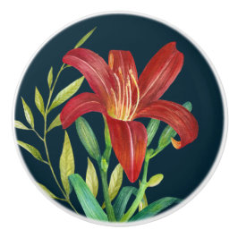 Waterverf Oranje Lily Illustration Dark Blue Keramische Knop
