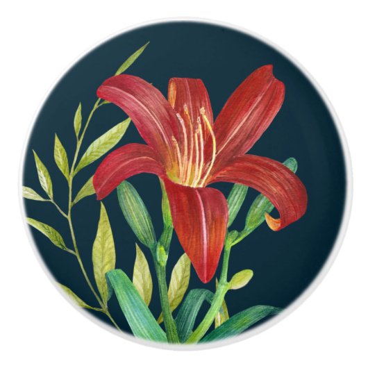 Waterverf Oranje Lily Illustration Dark Blue Keramische Knop (Voorkant)