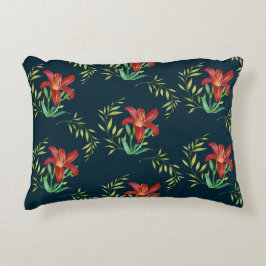 Waterverf Oranje Lily Illustration Dark Turquoise Accent Kussen